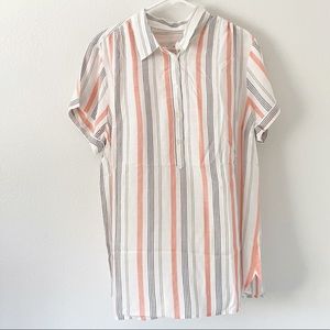 LOFT Women's Button Down Shirt - White and Coral Stripes